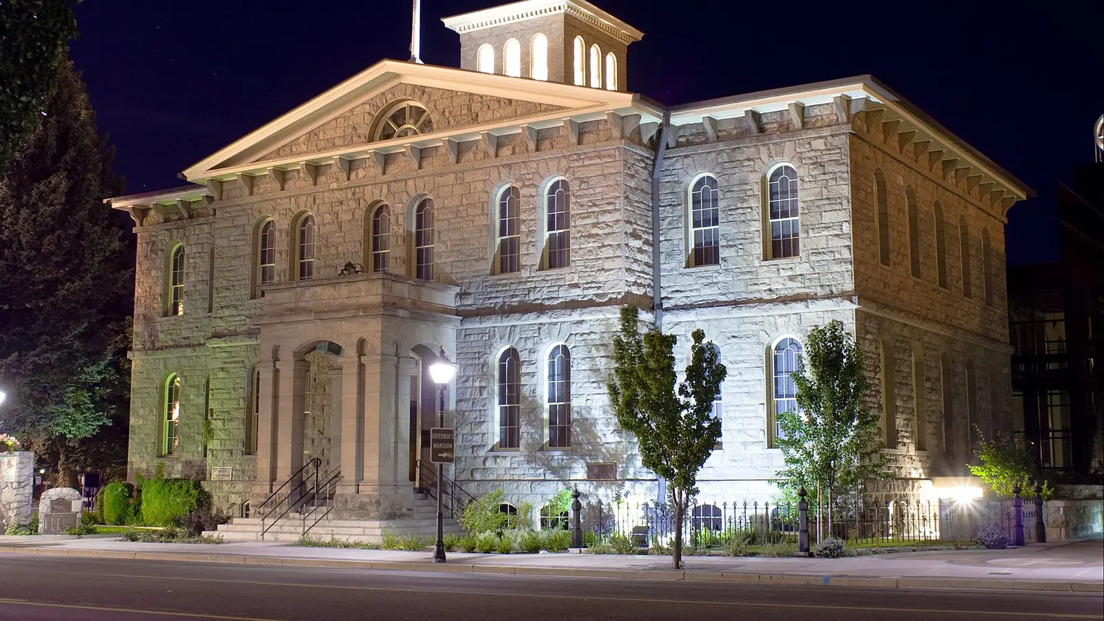 The Nevada State Museum, in Carson City, Nevada, at night.