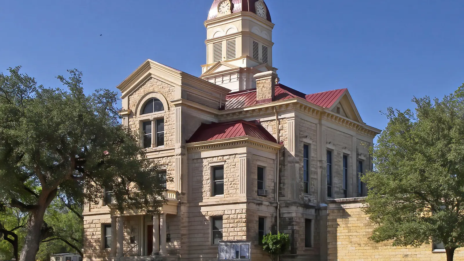 The Bandera County, Texas courthouse located in Bandera, Texas, United States. The courthouse was built in 1890 and listed on the Nationa...
